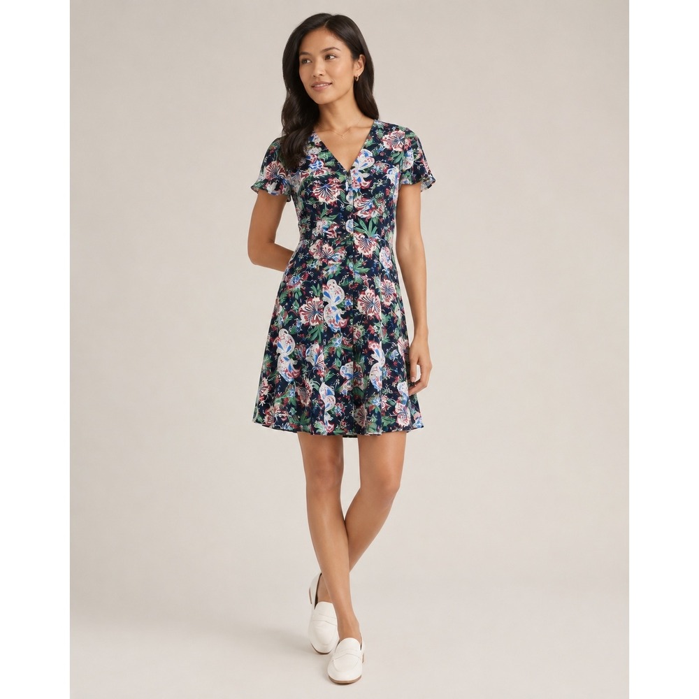 J.Crew Navy Floral Flutter Sleeve Fit & Flare Dress Size 2 Cottagecore Boho
